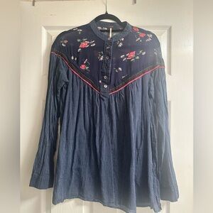 Free People Navy Blue Floral Yoke Long Sleeve Tunic